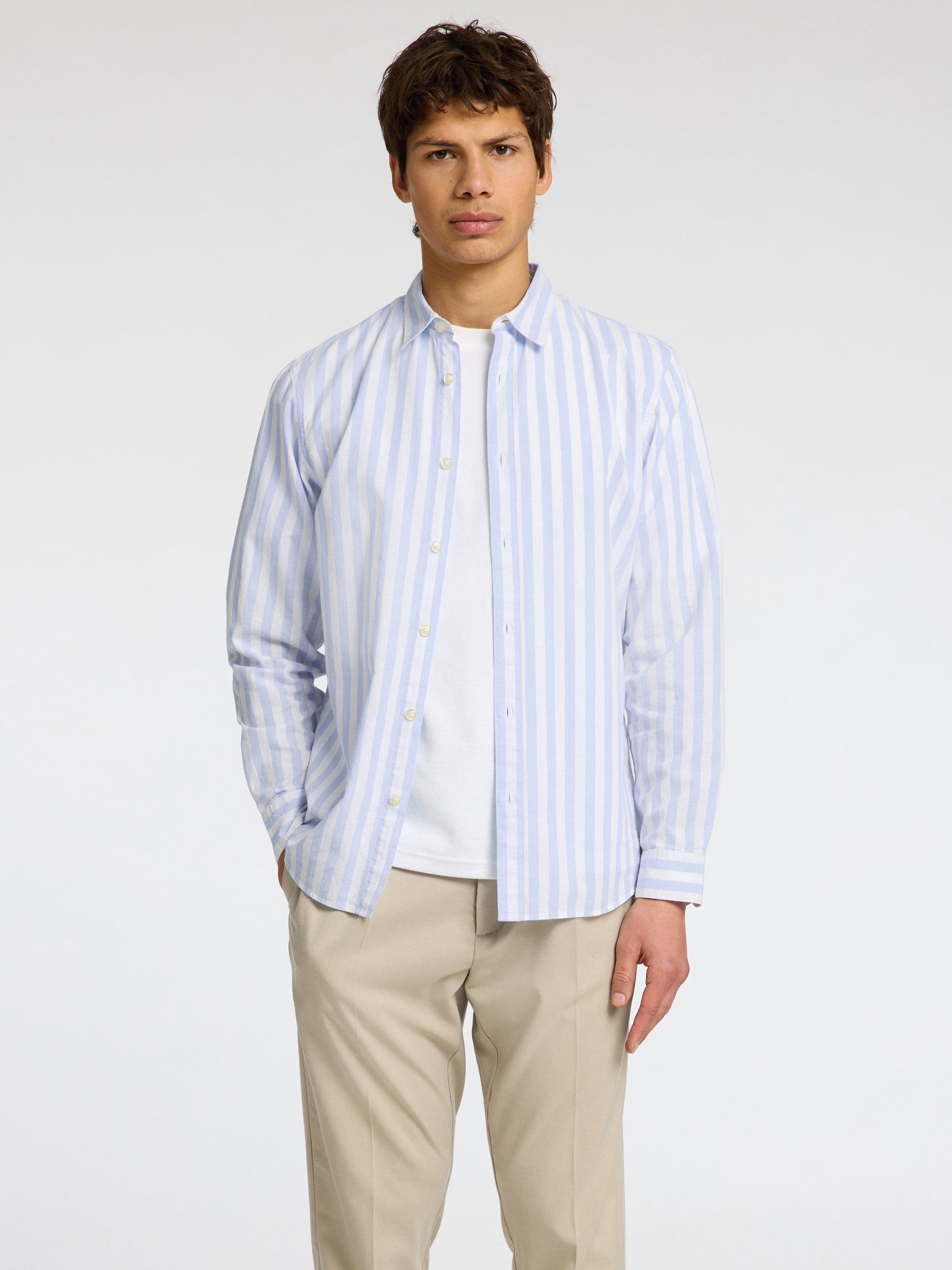 SELECTED HOMME Linen Blend Regular Fit Stripe Shirt, Cashmere Blue/White