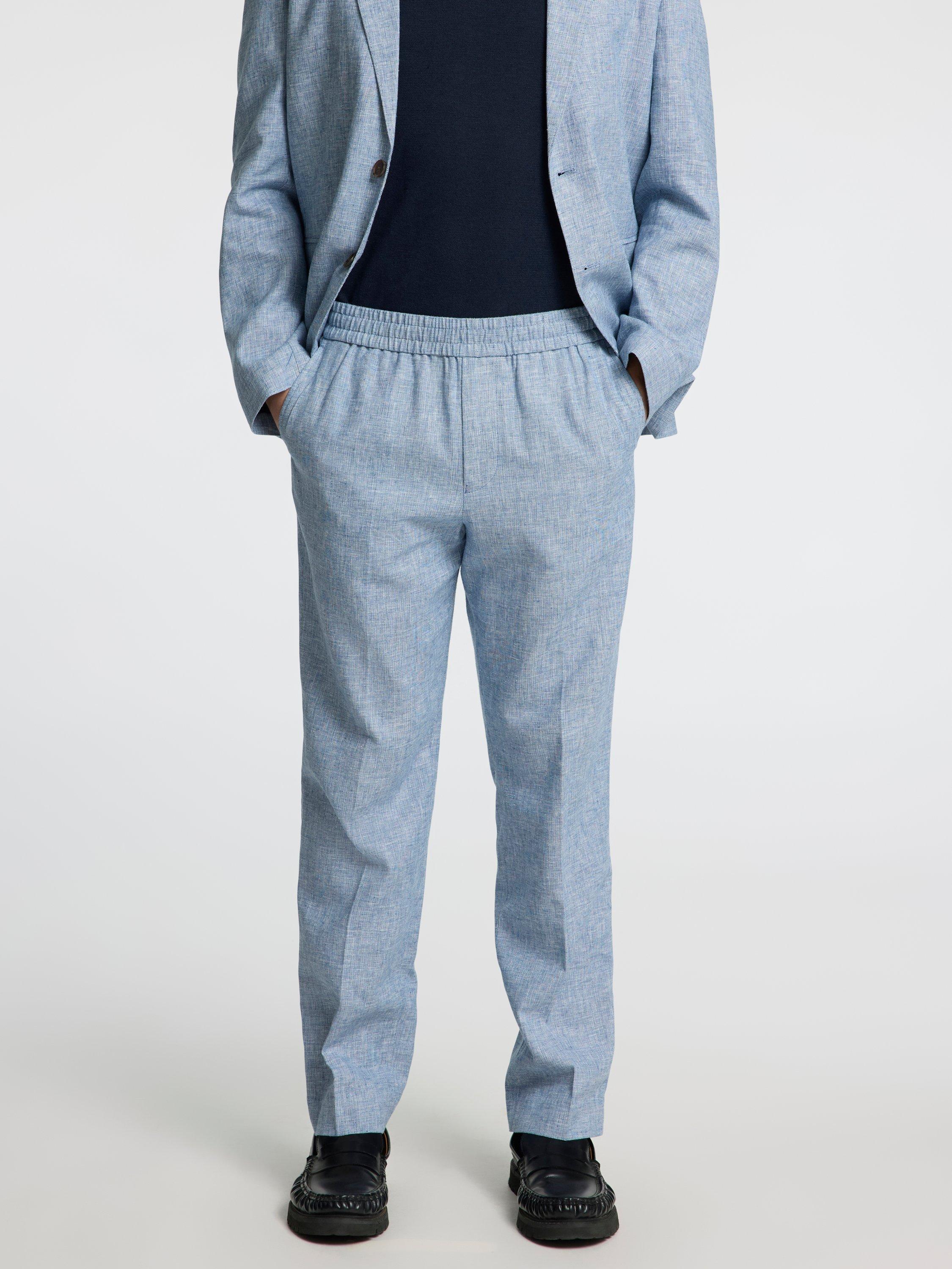 Product image 1 of 6, which shows Selected Malik Regular Fit Cotton & Linen Blend Suit Trousers, Light Blue, 34R