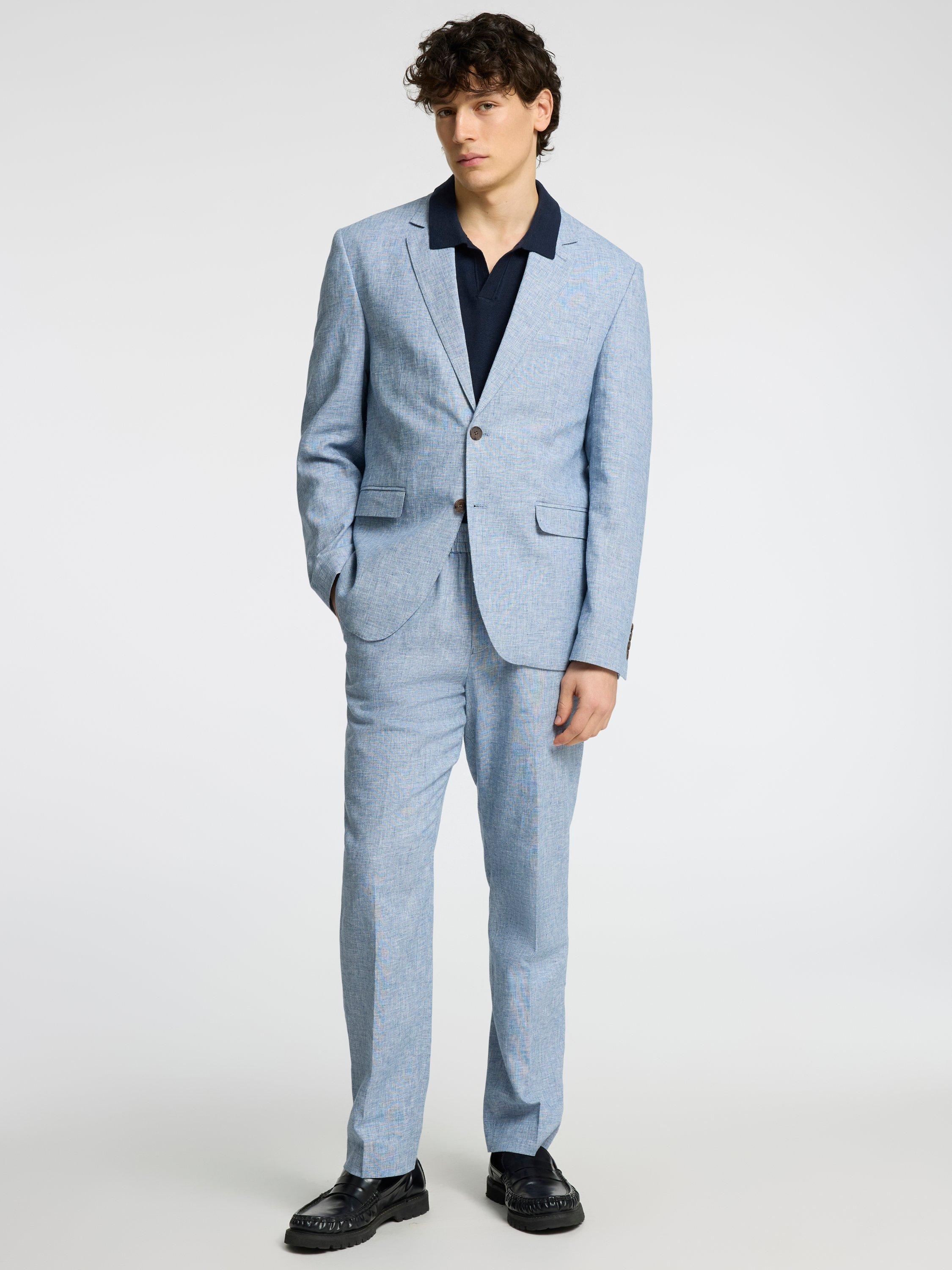 Product image 3 of 6, which shows Selected Malik Regular Fit Cotton & Linen Blend Suit Trousers, Light Blue, 34R