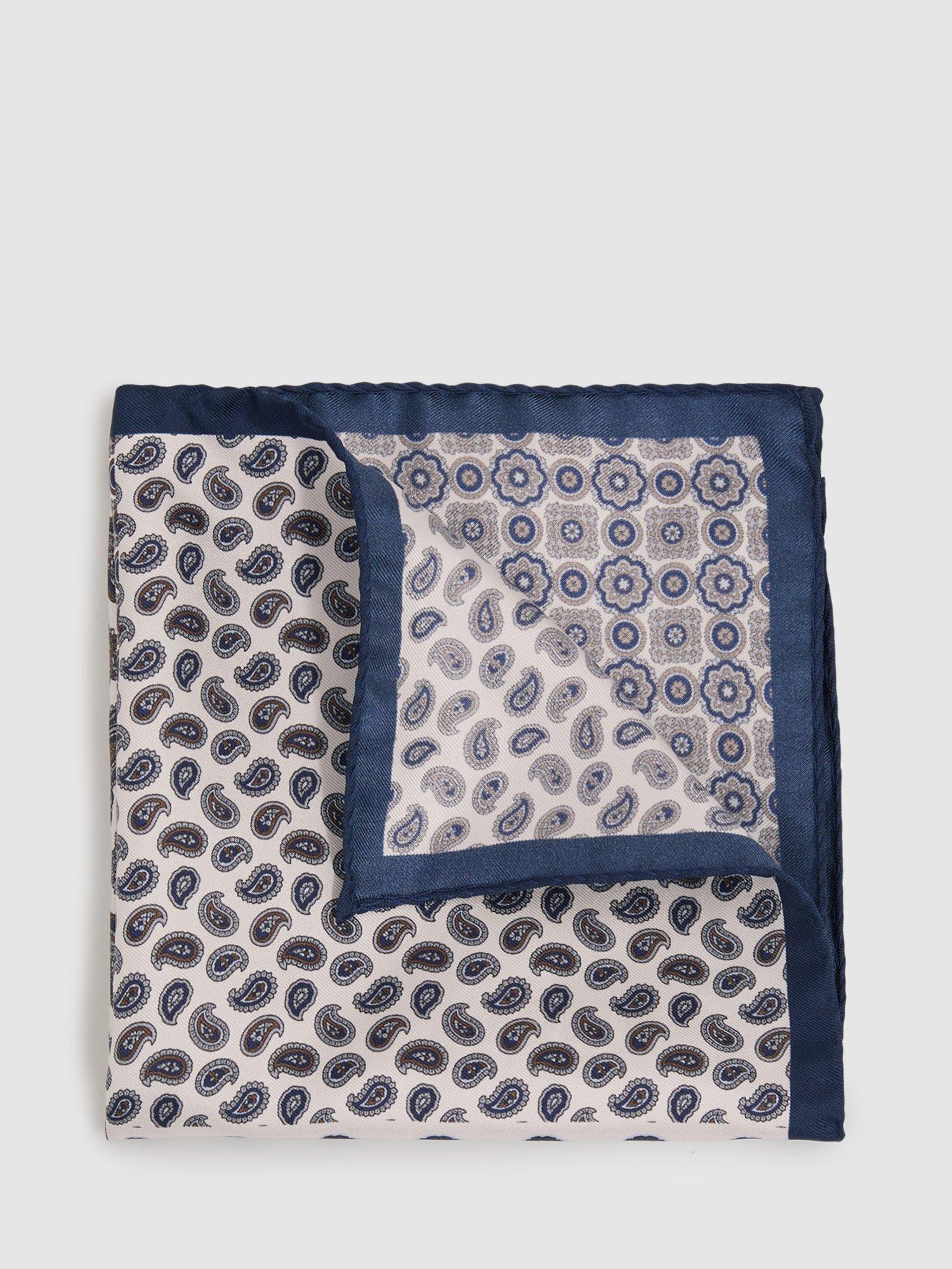 Product image 1 of 5, which shows Reiss Lucca Silk Paisley Pocket Square, Ivory/Navy