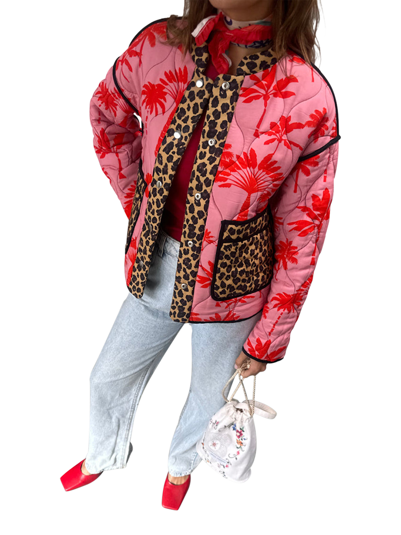 Product image 3 of 6, which shows Never Fully Dressed Havana Reversible Quilted Jacket, Pink, S