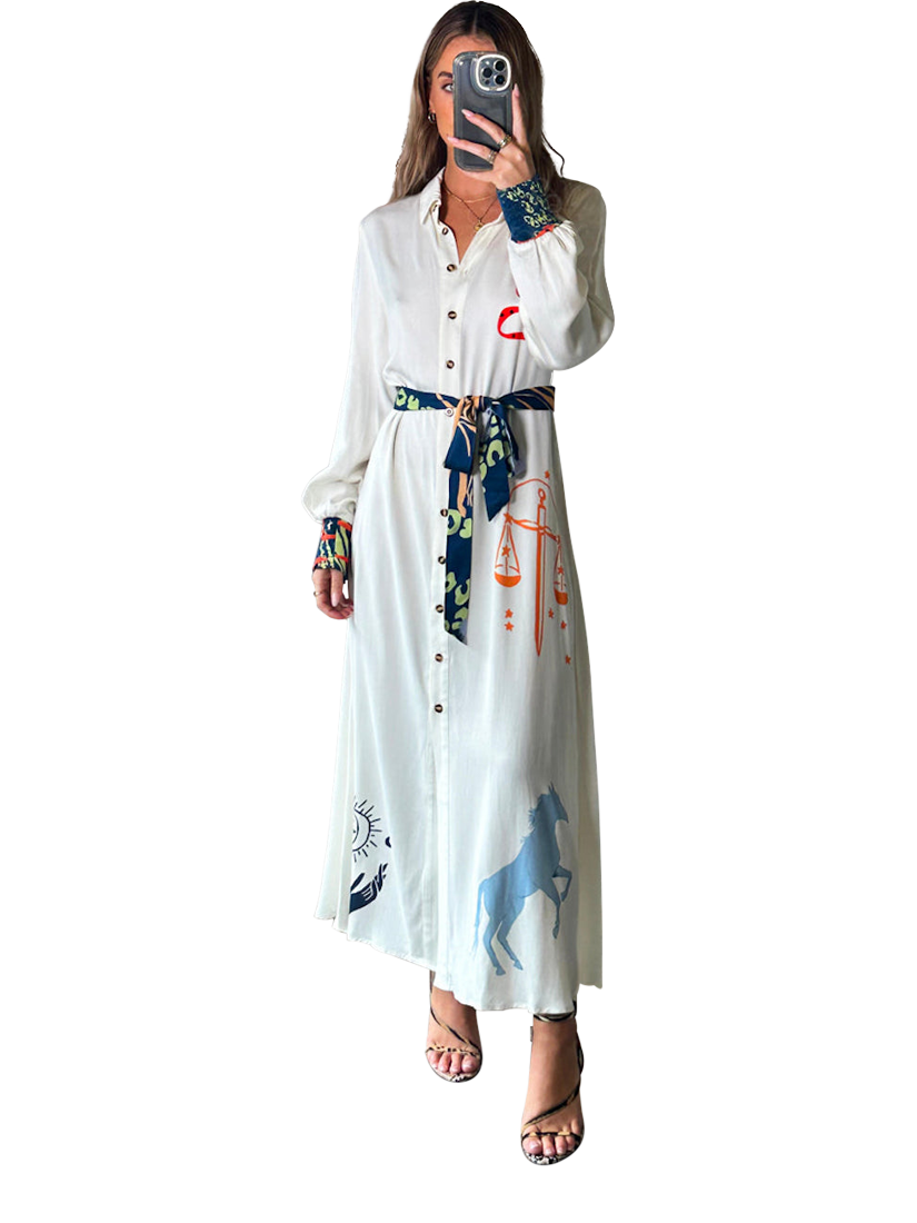 Product image 3 of 7, which shows Never Fully Dressed Print Constast Shirred Cuffs Dress, Cream, 6