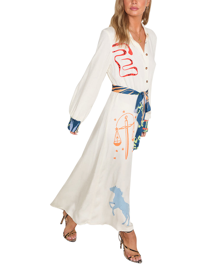 Product image 5 of 7, which shows Never Fully Dressed Print Constast Shirred Cuffs Dress, Cream, 6