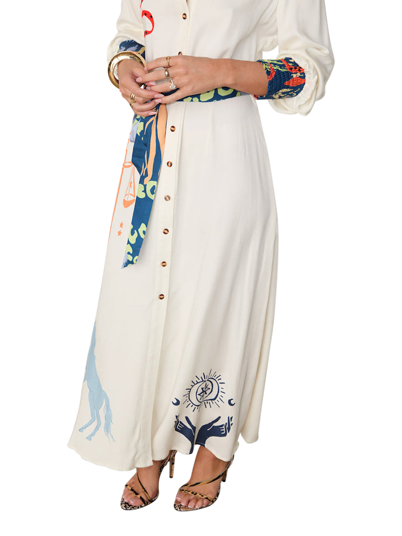 Product image 6 of 7, which shows Never Fully Dressed Print Constast Shirred Cuffs Dress, Cream, 6