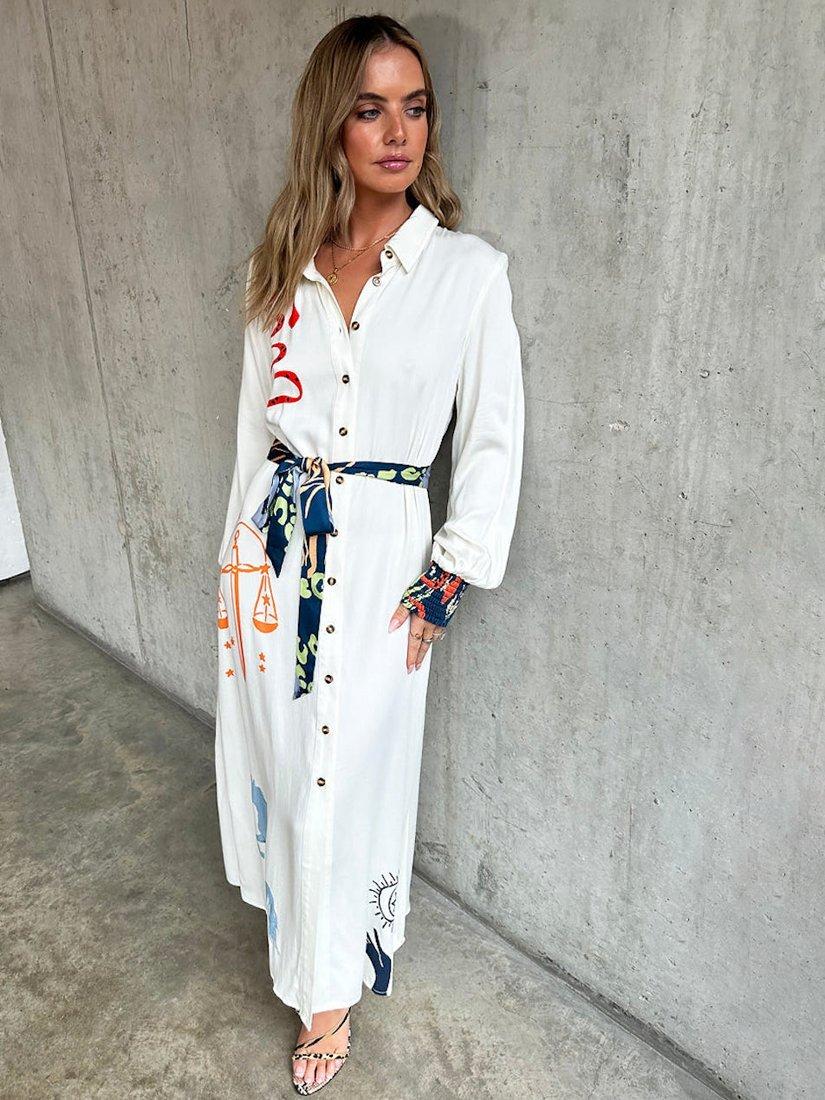Product image 1 of 7, which shows Never Fully Dressed Print Constast Shirred Cuffs Dress, Cream, 6