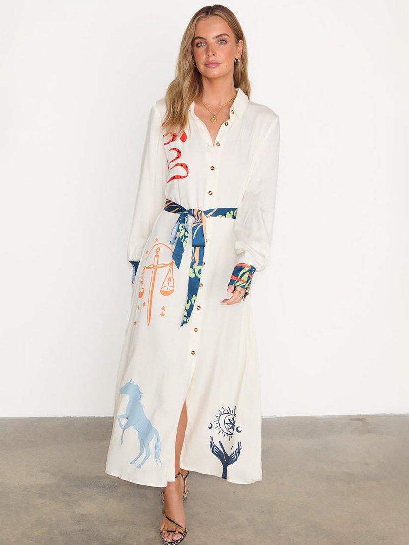 Product image 7 of 7, which shows Never Fully Dressed Print Constast Shirred Cuffs Dress, Cream, 6