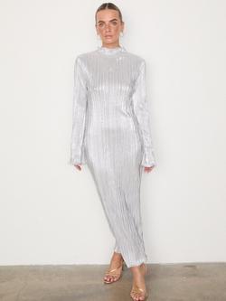 Never Fully Dressed Plisse Long Sleeve Maxi Dress, Silver