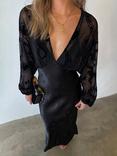 Never Fully Dressed Sheer Sleeve Satin Dress, Black