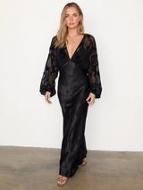 Never Fully Dressed Sheer Sleeve Satin Dress, Black
