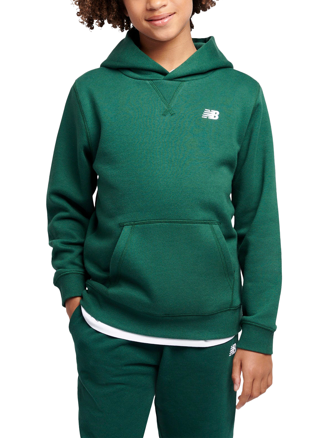 Product image 1 of 8, which shows New Balance Kids' Brush Back Small Logo Hoodie, Nightwatch Green, 7-8 years