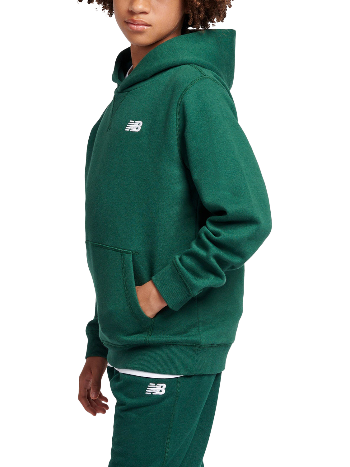 Product image 2 of 8, which shows New Balance Kids' Brush Back Small Logo Hoodie, Nightwatch Green, 7-8 years