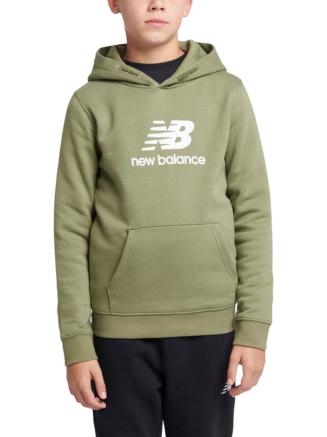 Product image 1 of 8, which shows New Balance Kids' Brush Back Stacked Logo Hoodie, Dark Olivine, 3-4 years