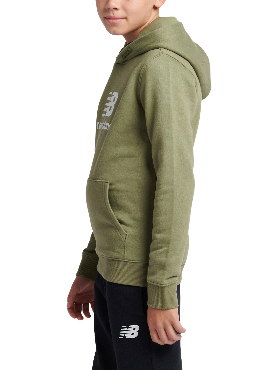 Product image 2 of 8, which shows New Balance Kids' Brush Back Stacked Logo Hoodie, Dark Olivine, 3-4 years