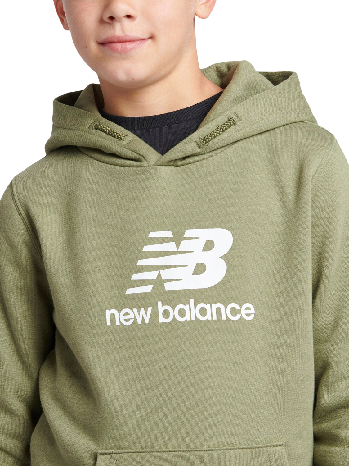 Product image 4 of 8, which shows New Balance Kids' Brush Back Stacked Logo Hoodie, Dark Olivine, 3-4 years