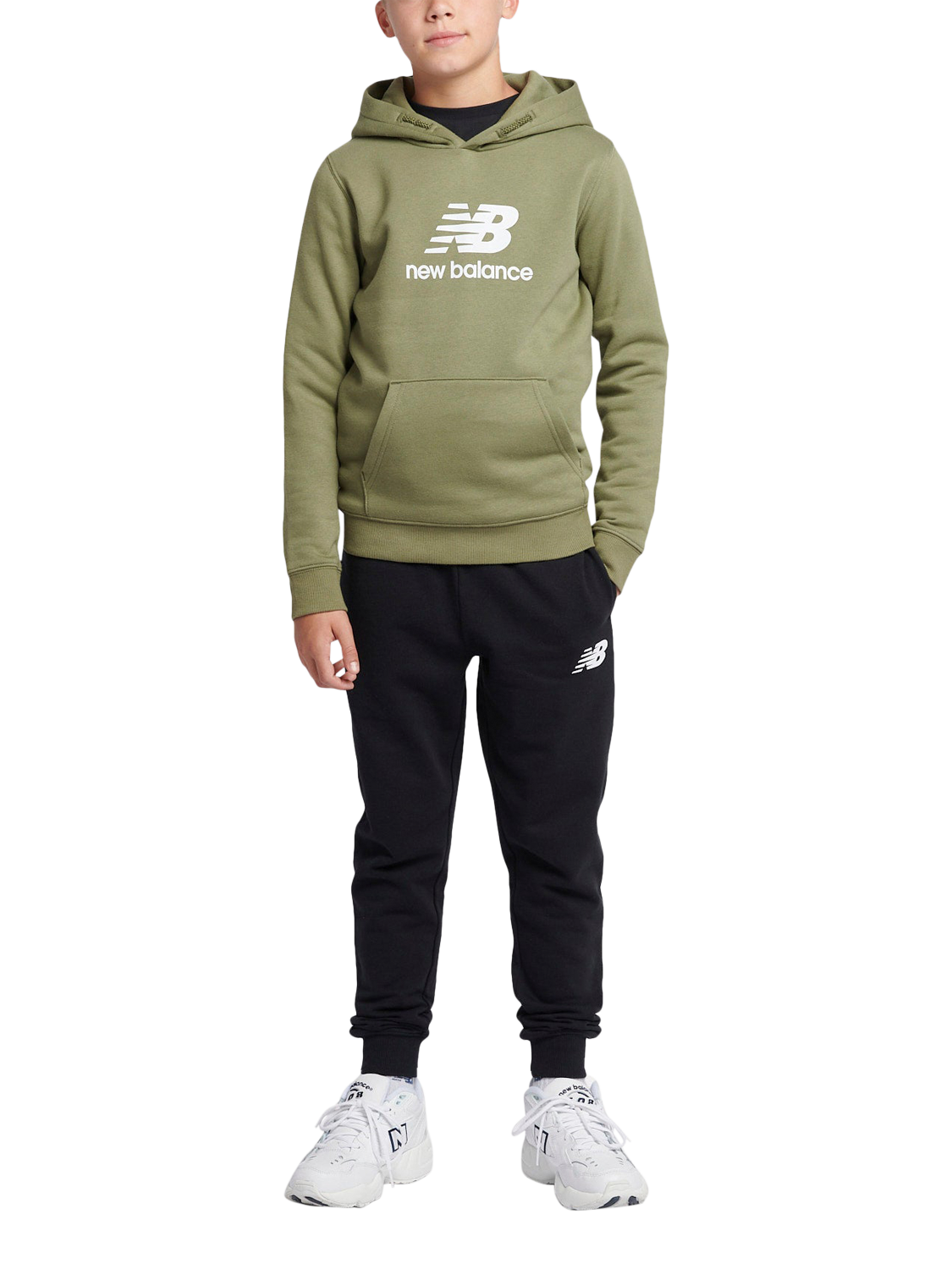 Product image 5 of 8, which shows New Balance Kids' Brush Back Stacked Logo Hoodie, Dark Olivine, 3-4 years