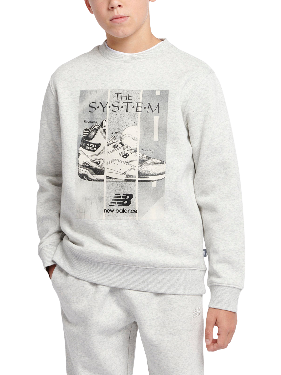 Product image 1 of 8, which shows New Balance Kids' The System Crew Sweatshirt, Ash Heather, 7-8 years