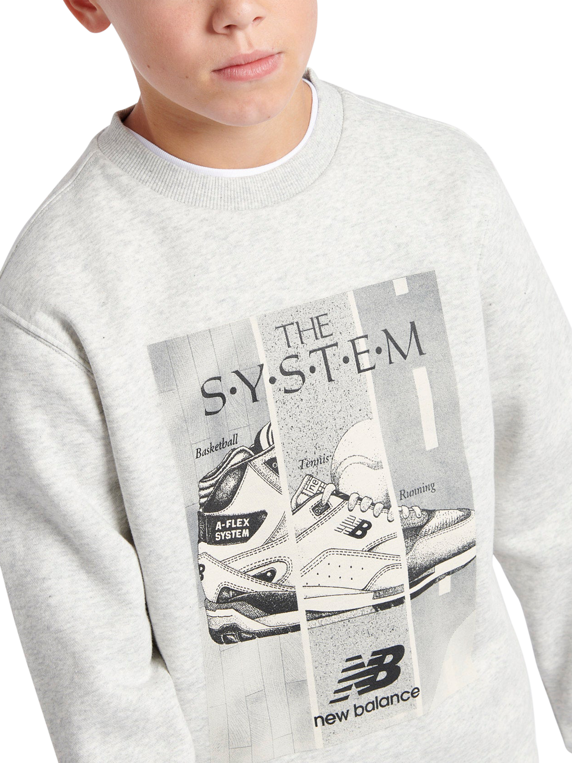 Product image 4 of 8, which shows New Balance Kids' The System Crew Sweatshirt, Ash Heather, 7-8 years