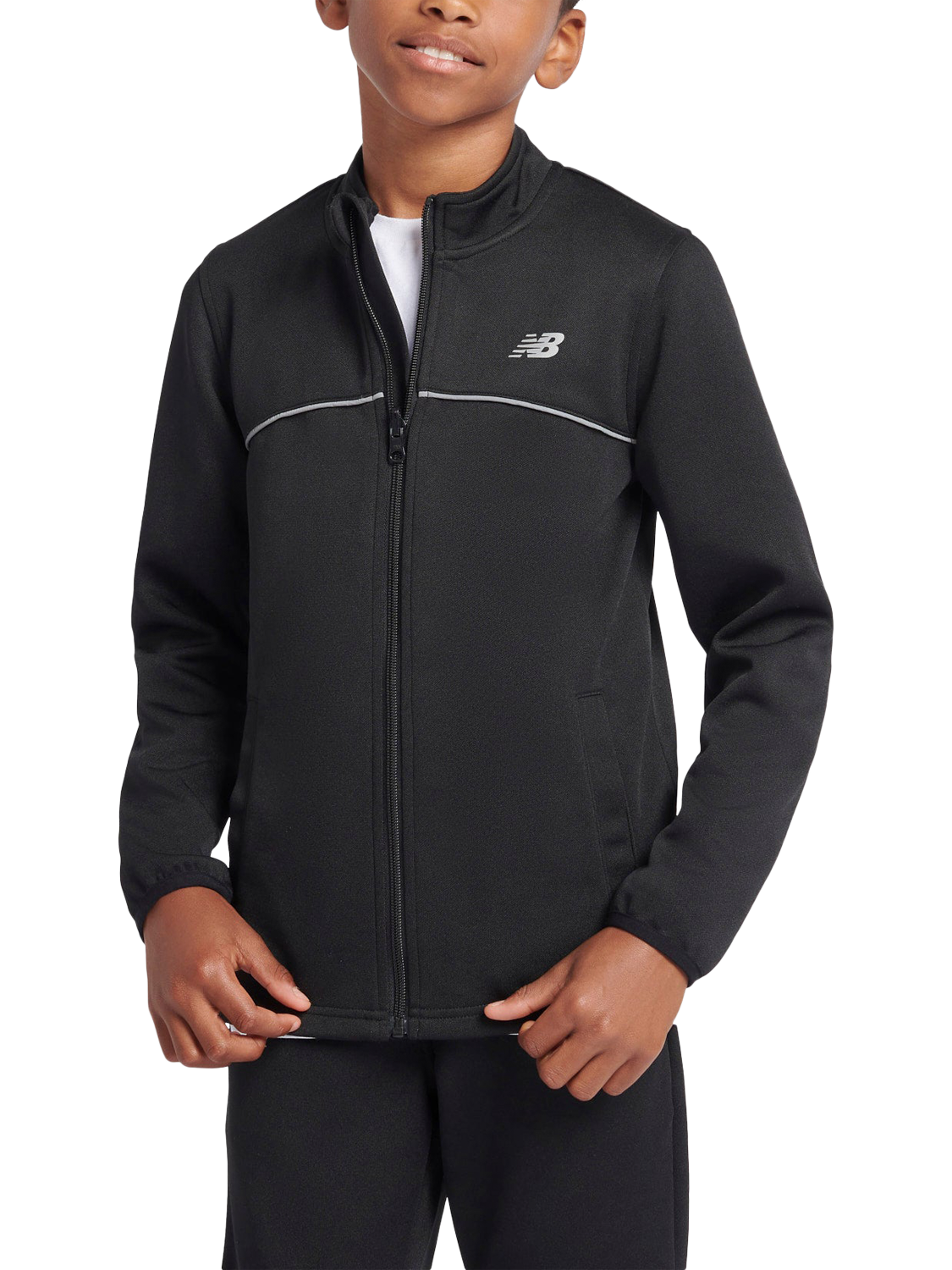 Product image 1 of 9, which shows New Balance Kids' Tricot Zip Up Funnel Neck Jacket, Caviar, 7-8 years
