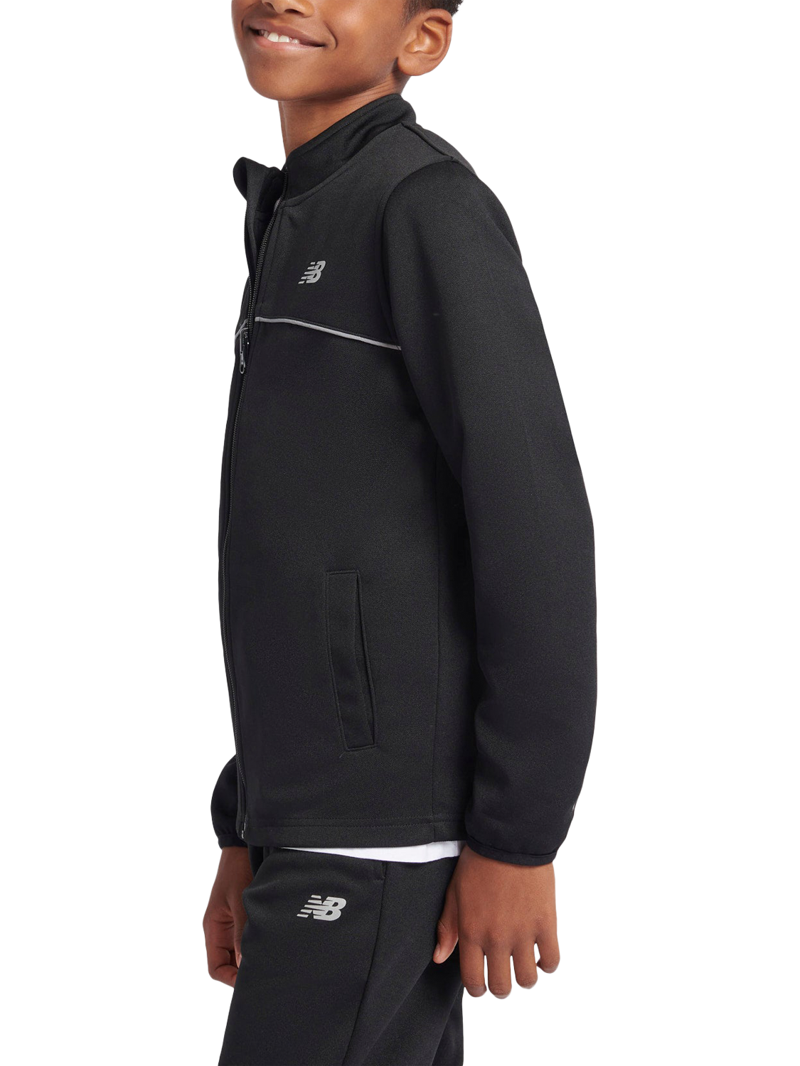 Product image 2 of 9, which shows New Balance Kids' Tricot Zip Up Funnel Neck Jacket, Caviar, 7-8 years