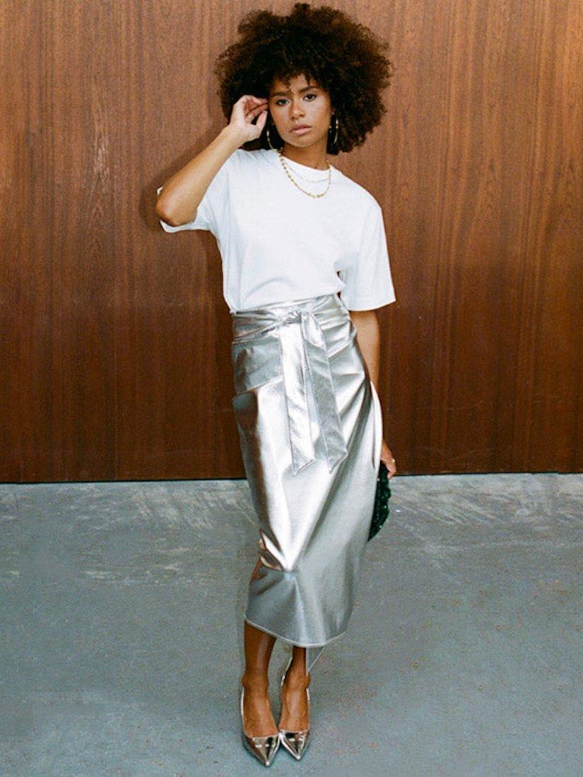 Product image 11 of 11, which shows Never Fully Dressed Jaspre Metallic Faux Leather Skirt, Silver, 4