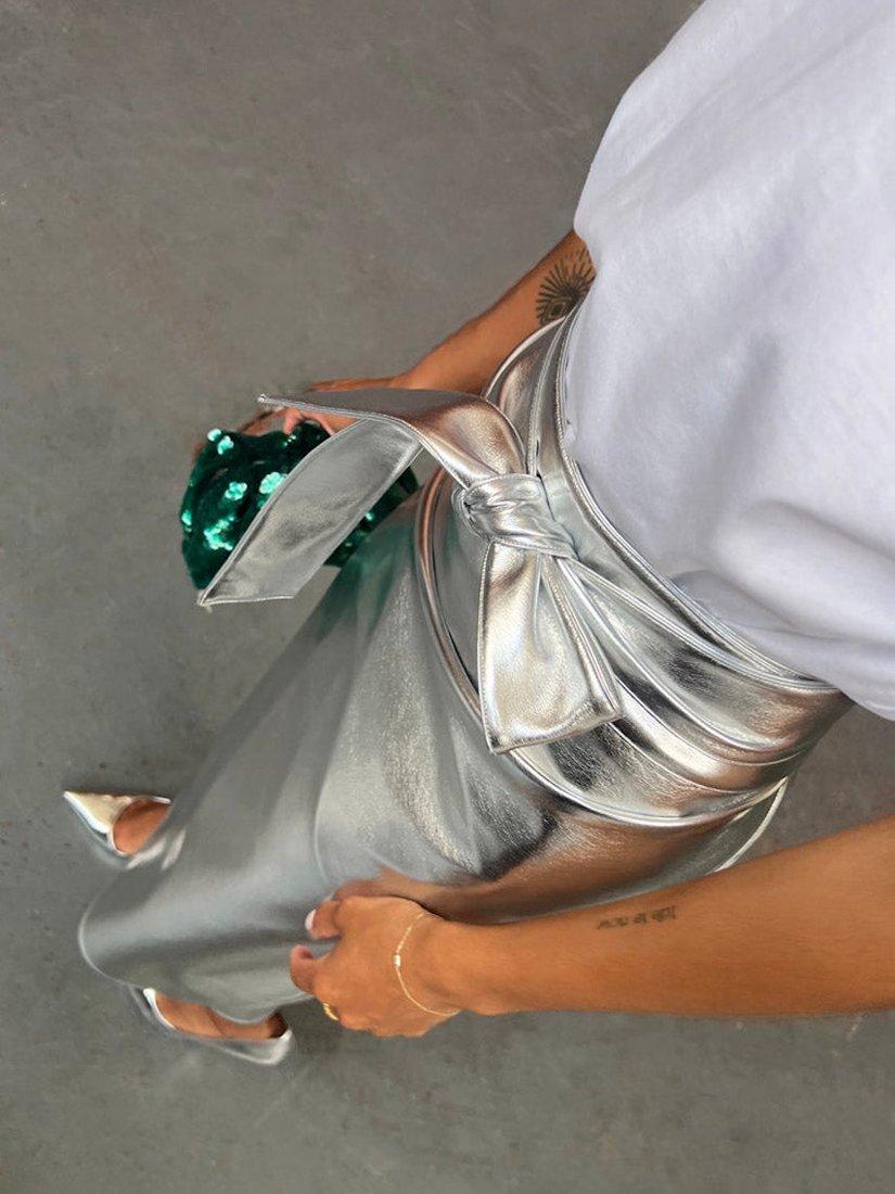 Product image 3 of 11, which shows Never Fully Dressed Jaspre Metallic Faux Leather Skirt, Silver, 4
