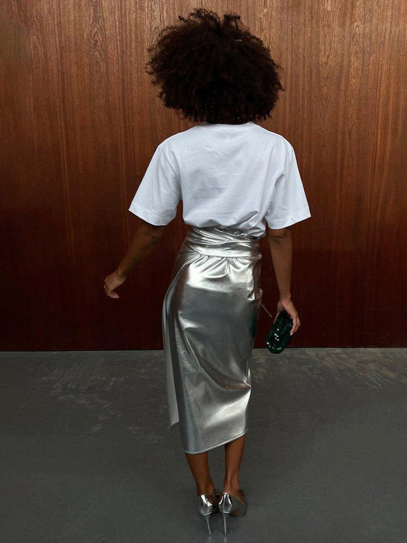 Product image 5 of 11, which shows Never Fully Dressed Jaspre Metallic Faux Leather Skirt, Silver, 4