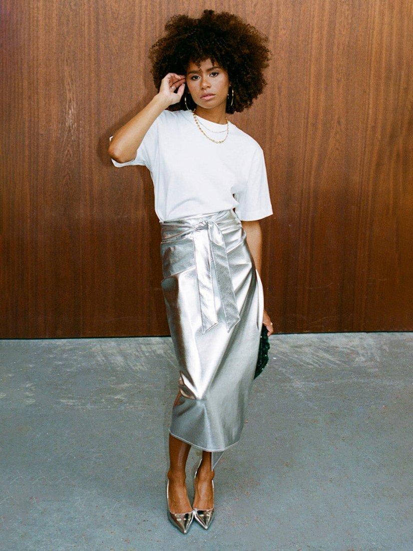 Product image 6 of 11, which shows Never Fully Dressed Jaspre Metallic Faux Leather Skirt, Silver, 4