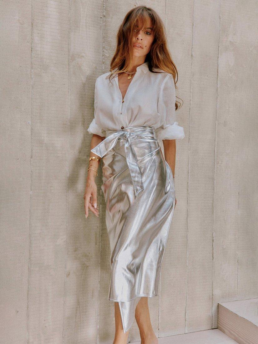 Product image 8 of 11, which shows Never Fully Dressed Jaspre Metallic Faux Leather Skirt, Silver, 4