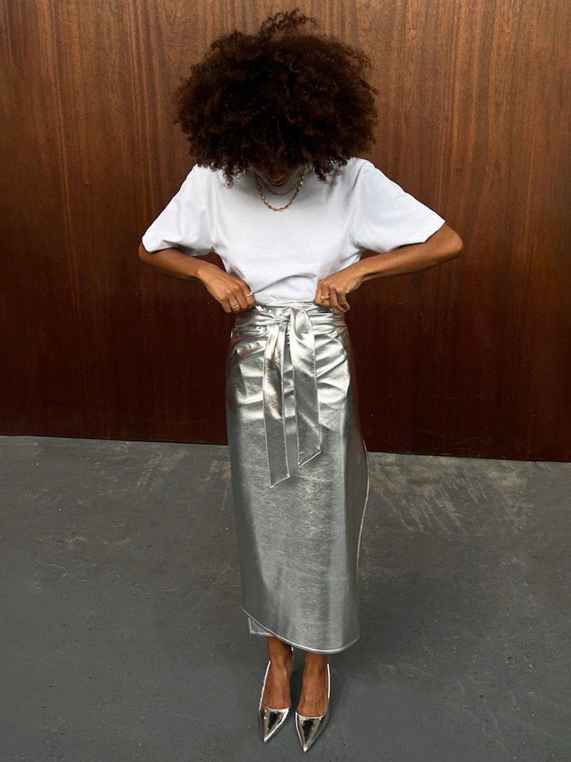Product image 9 of 11, which shows Never Fully Dressed Jaspre Metallic Faux Leather Skirt, Silver, 4