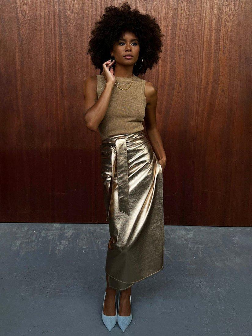Product image 6 of 10, which shows Never Fully Dressed Jaspre Metallic Faux Leather Skirt, Gold, 8