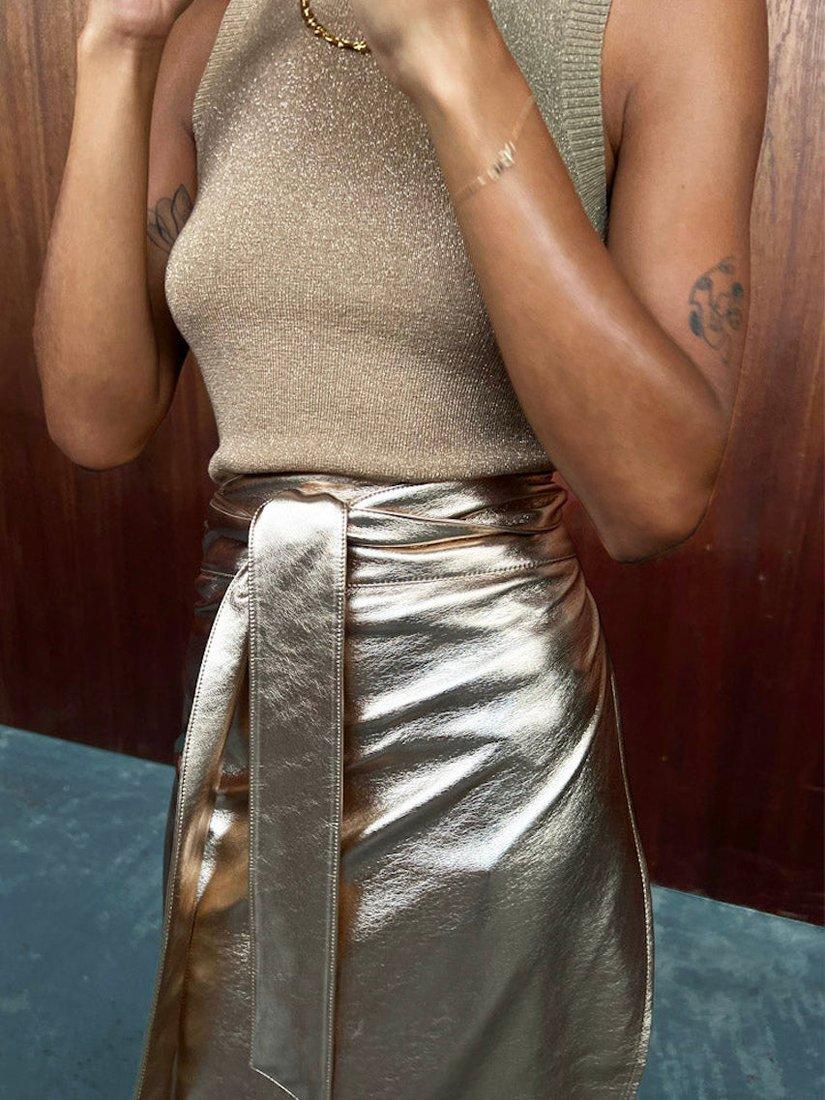 Product image 10 of 10, which shows Never Fully Dressed Jaspre Metallic Faux Leather Skirt, Gold, 8