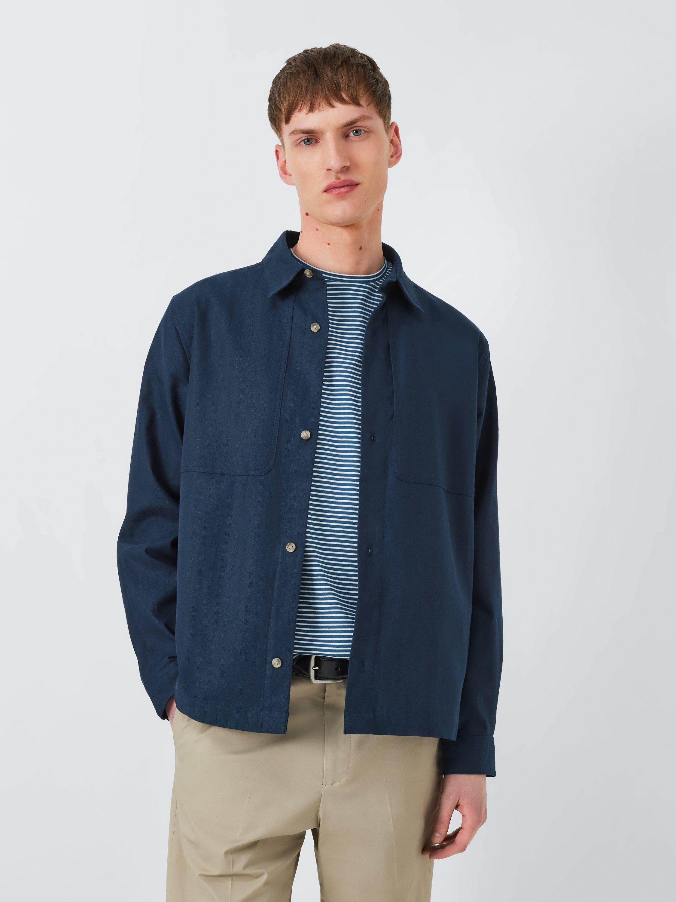 Product image 1 of 6, which shows Kin Overlay Stitch Cotton Linen Blend Shirt, Dark Sapphire, S