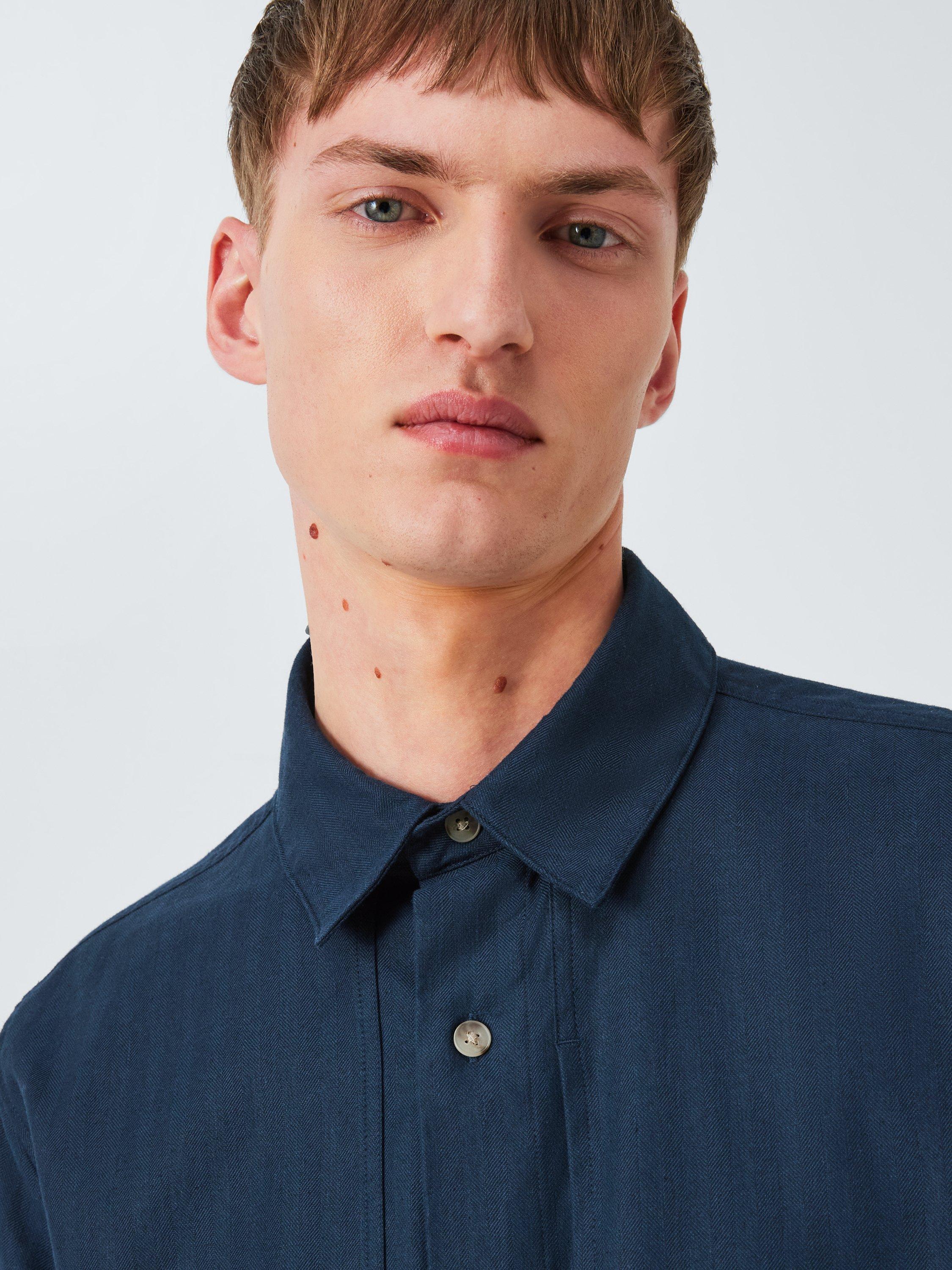 Product image 5 of 6, which shows Kin Overlay Stitch Cotton Linen Blend Shirt, Dark Sapphire, S
