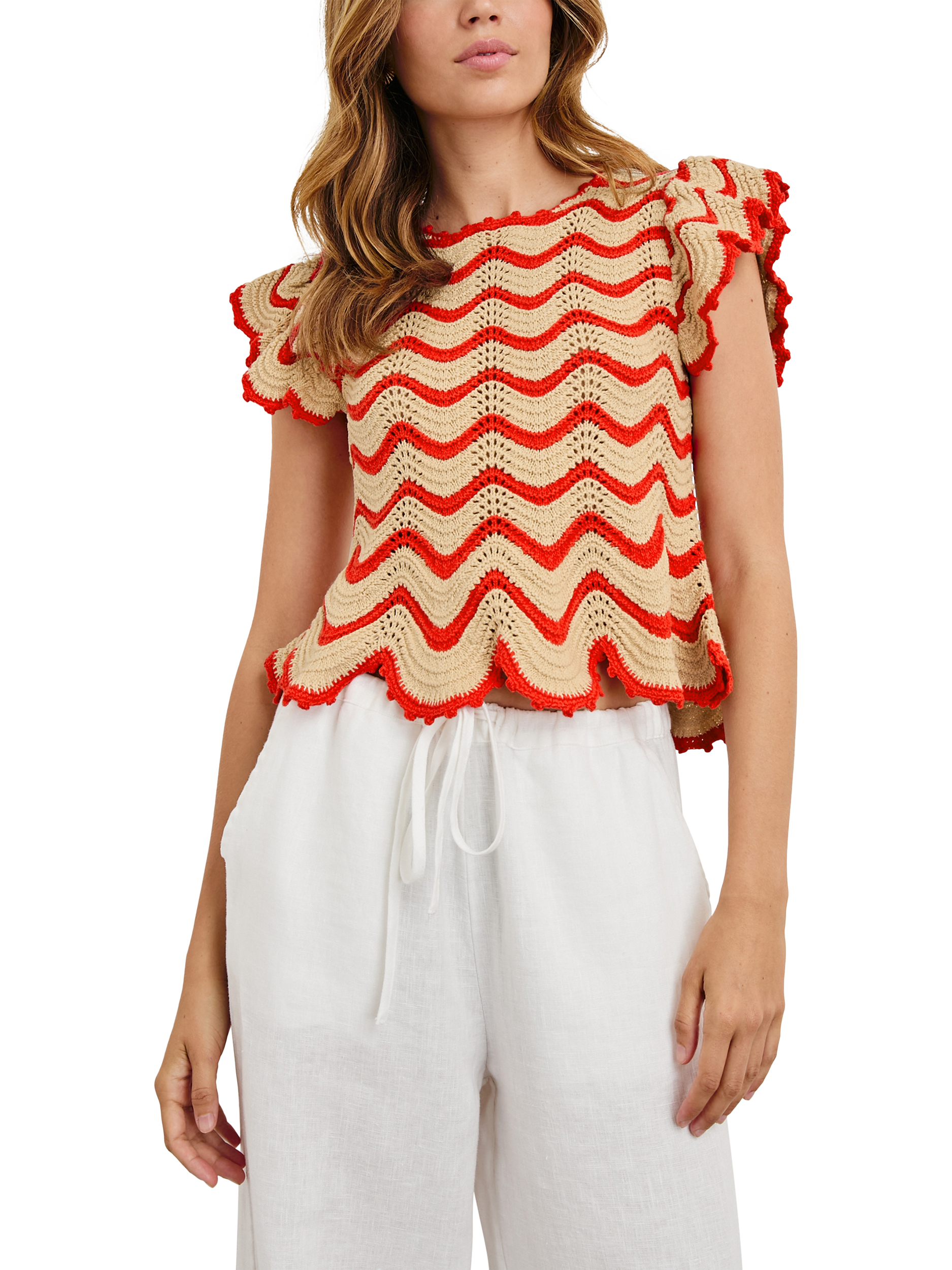 Product image 2 of 5, which shows Rails Coen Stripe Crochet T-Shirt, Cherry Oat Stripe, XS