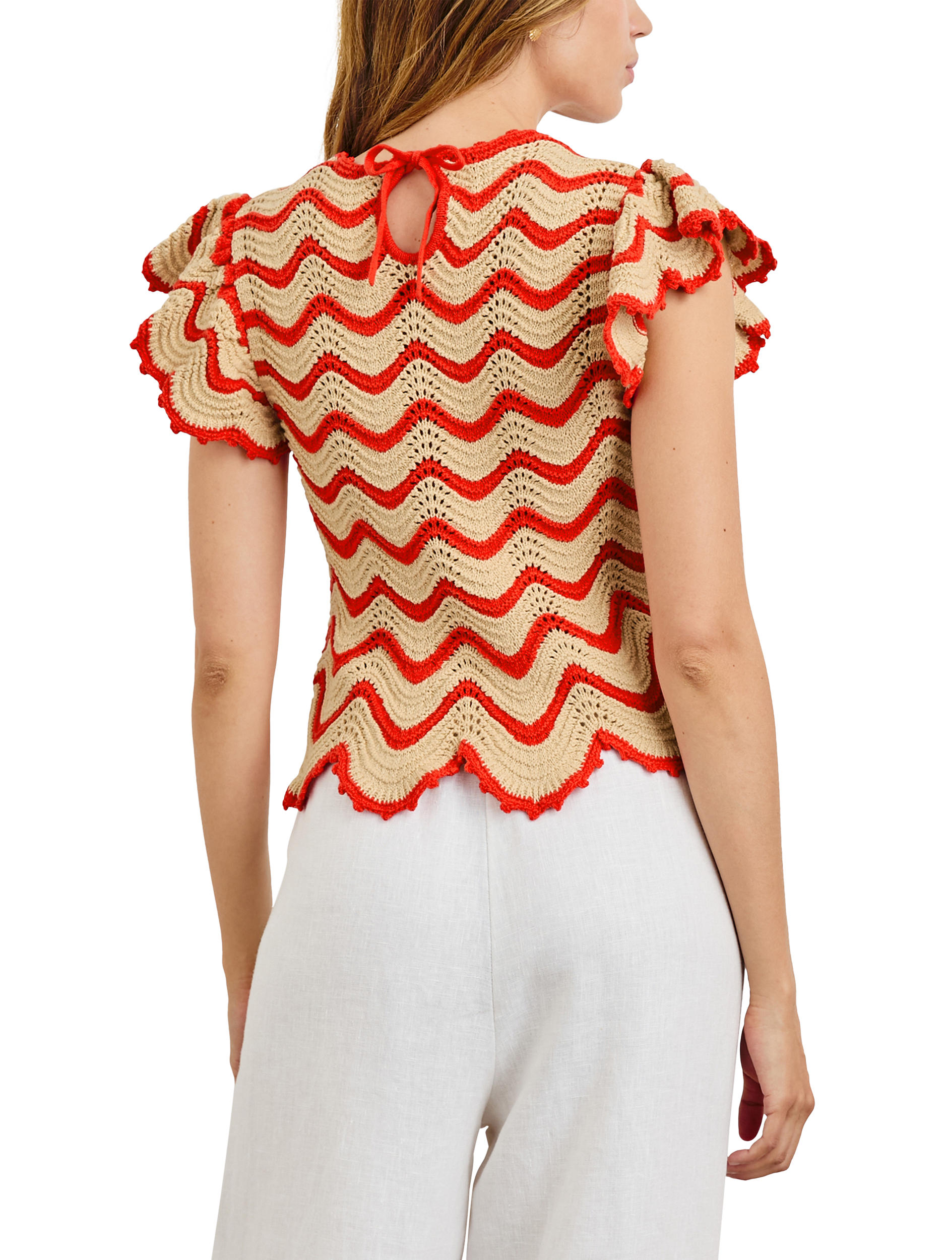 Product image 3 of 5, which shows Rails Coen Stripe Crochet T-Shirt, Cherry Oat Stripe, XS