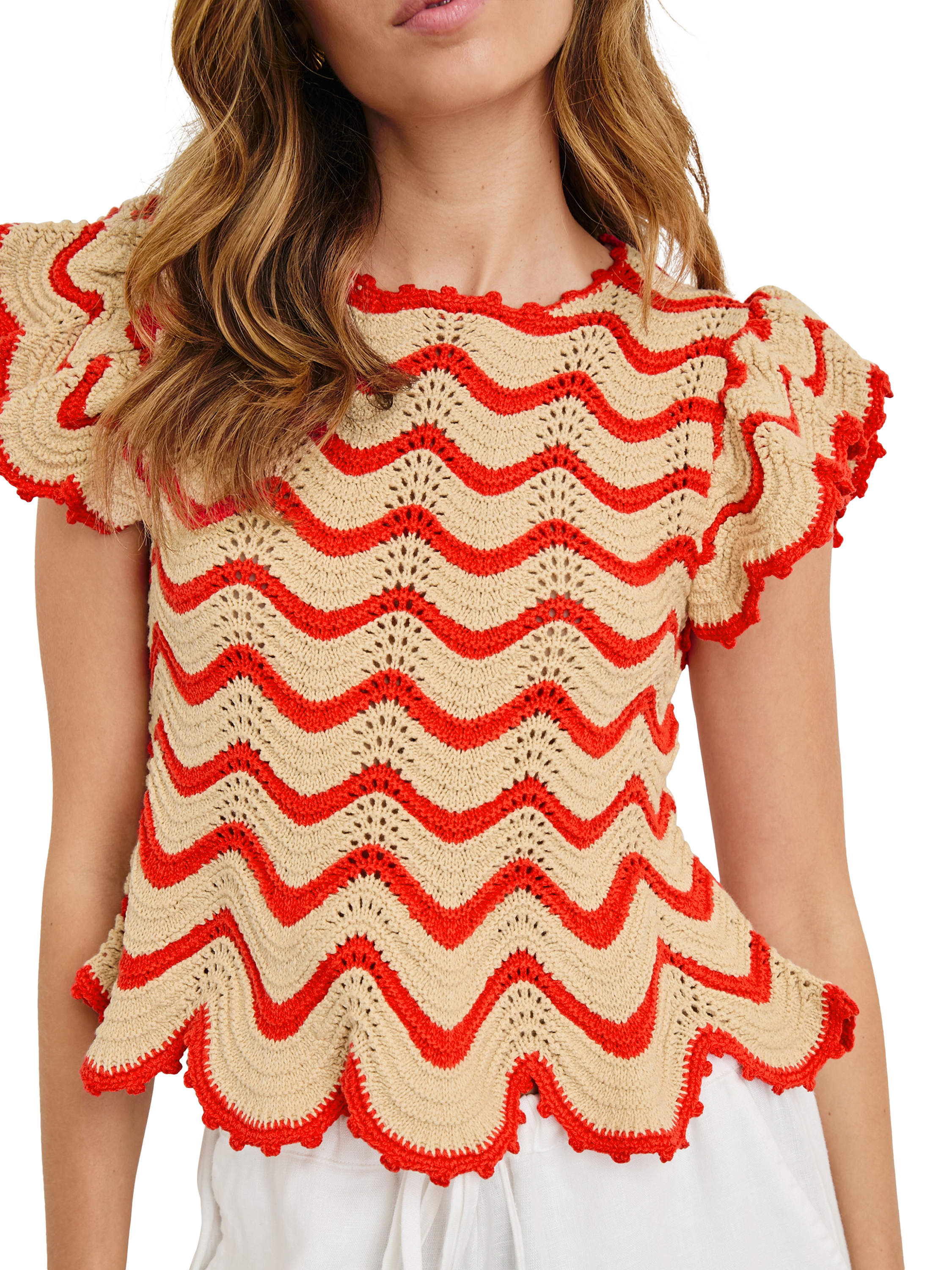 Product image 4 of 5, which shows Rails Coen Stripe Crochet T-Shirt, Cherry Oat Stripe, XS