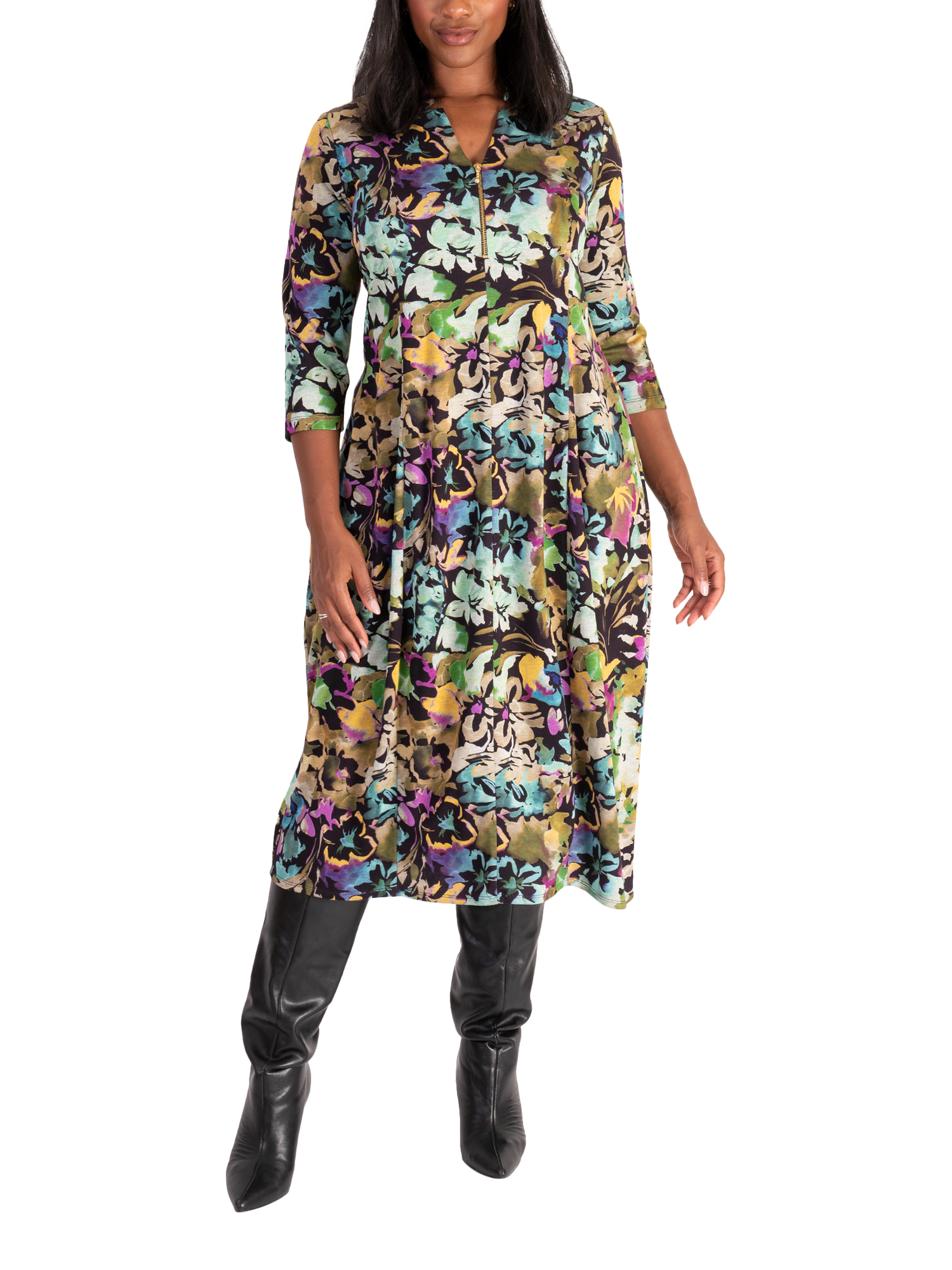 Product image 1 of 6, which shows chesca Garden Jersey Midi Dress, Black/Multi, 12-14