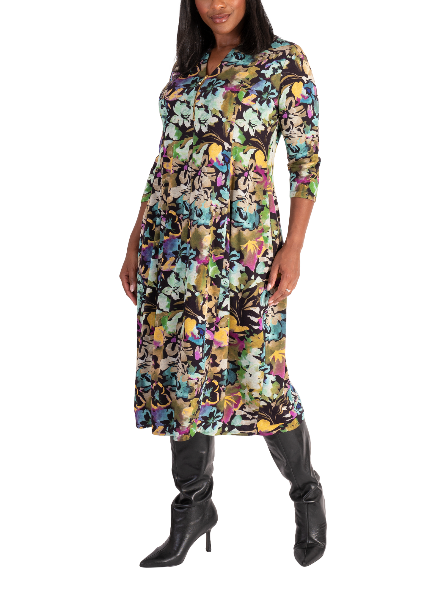 Product image 3 of 6, which shows chesca Garden Jersey Midi Dress, Black/Multi, 12-14