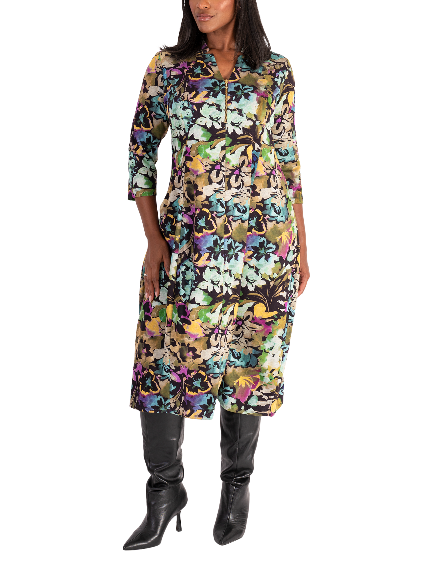 Product image 4 of 6, which shows chesca Garden Jersey Midi Dress, Black/Multi, 12-14