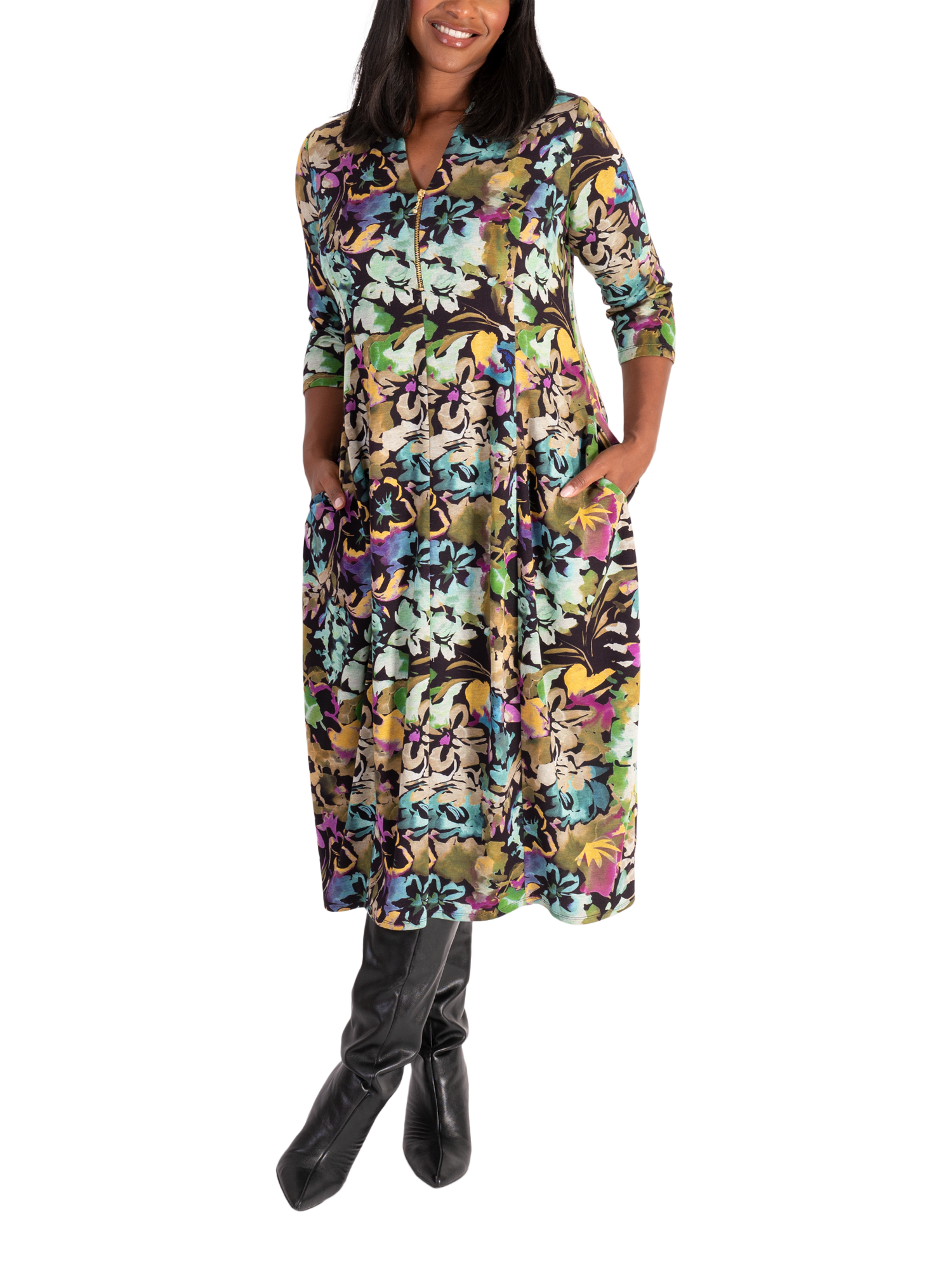 Product image 5 of 6, which shows chesca Garden Jersey Midi Dress, Black/Multi, 12-14