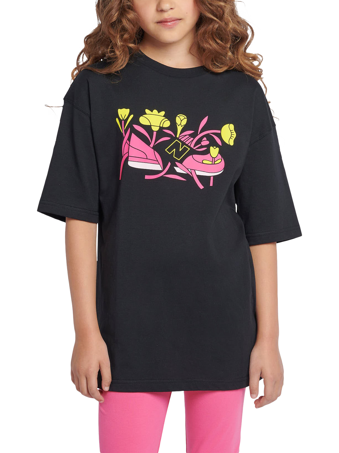 Product image 1 of 9, which shows New Balance Kids' Floral Shoe Tee, Caviar, 7-8 years