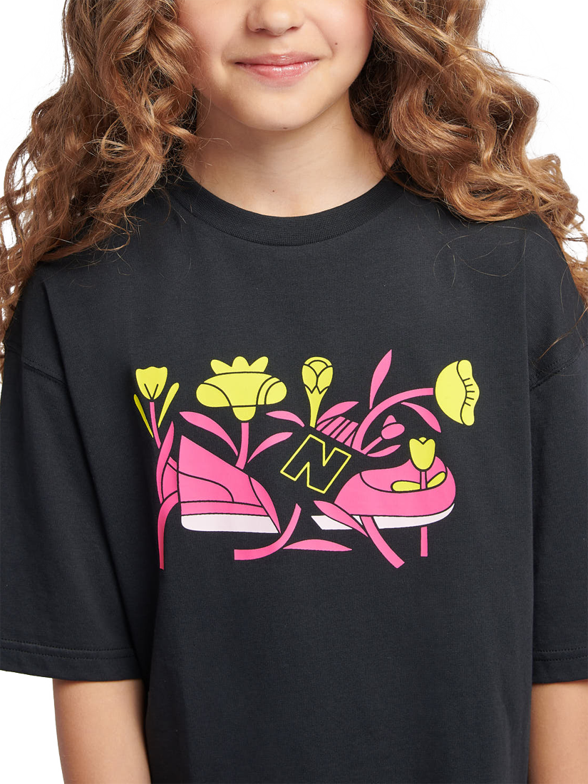 Product image 4 of 9, which shows New Balance Kids' Floral Shoe Tee, Caviar, 7-8 years