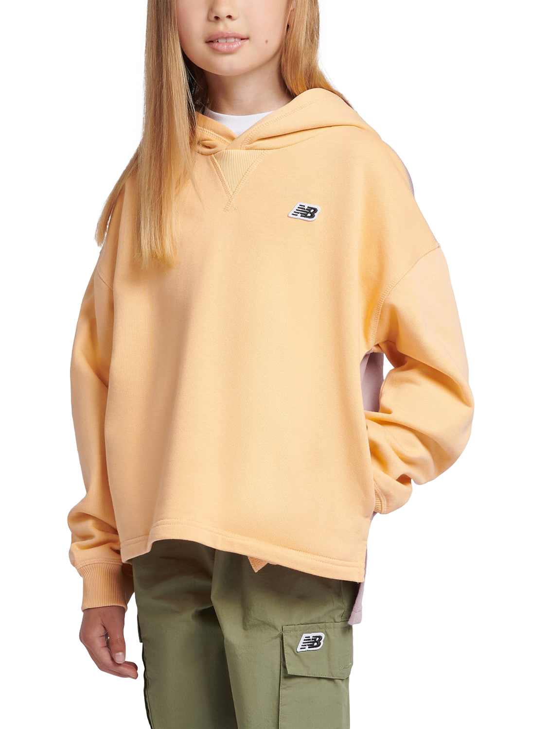Product image 1 of 10, which shows New Balance Kids' Premium Cotton Colour Block Hoodie, Peach Blossom, 7-8 years