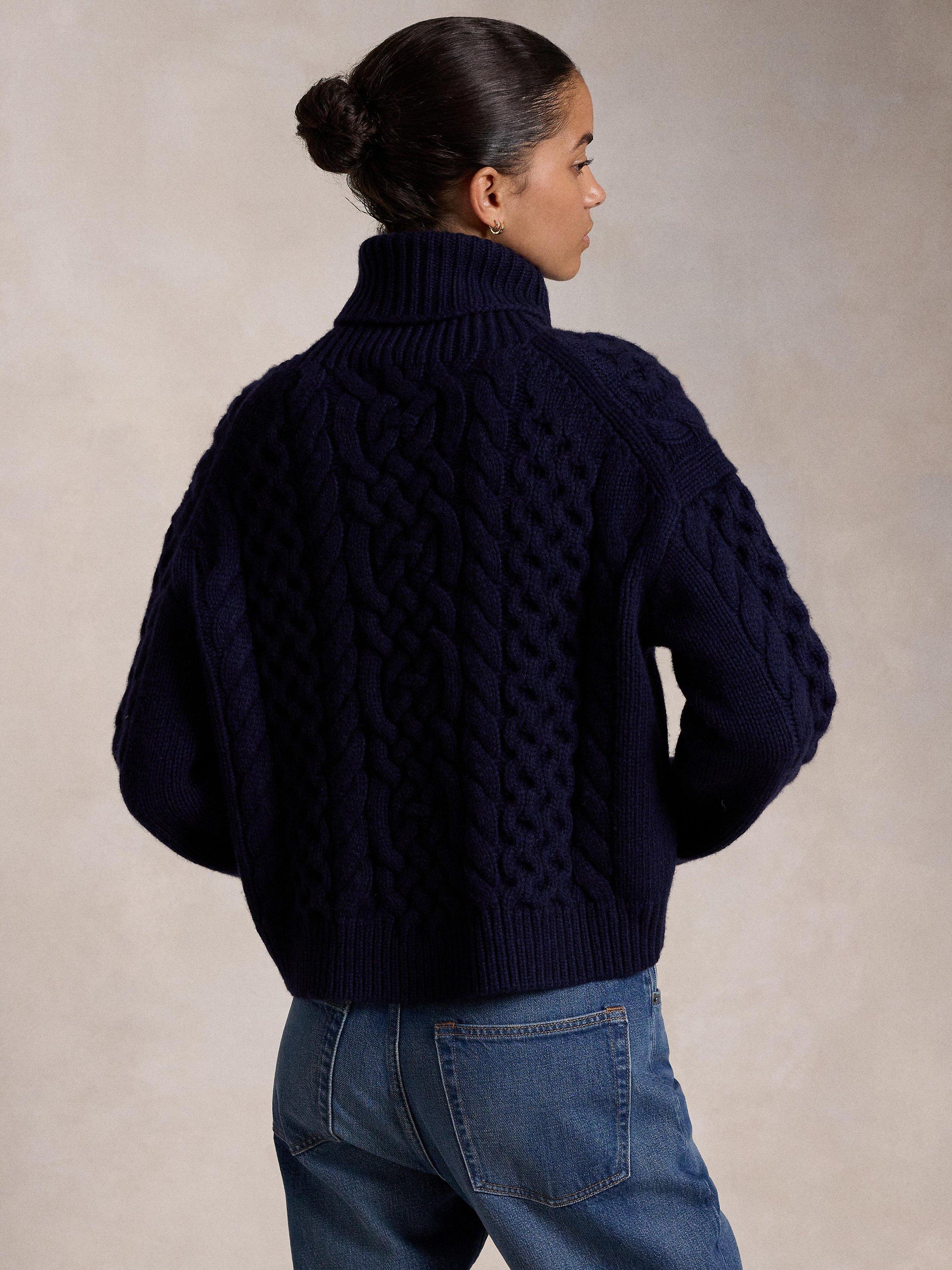 Product image 2 of 5, which shows Polo Ralph Lauren Aran Wool Cable Knit Jumper, Navy, XS