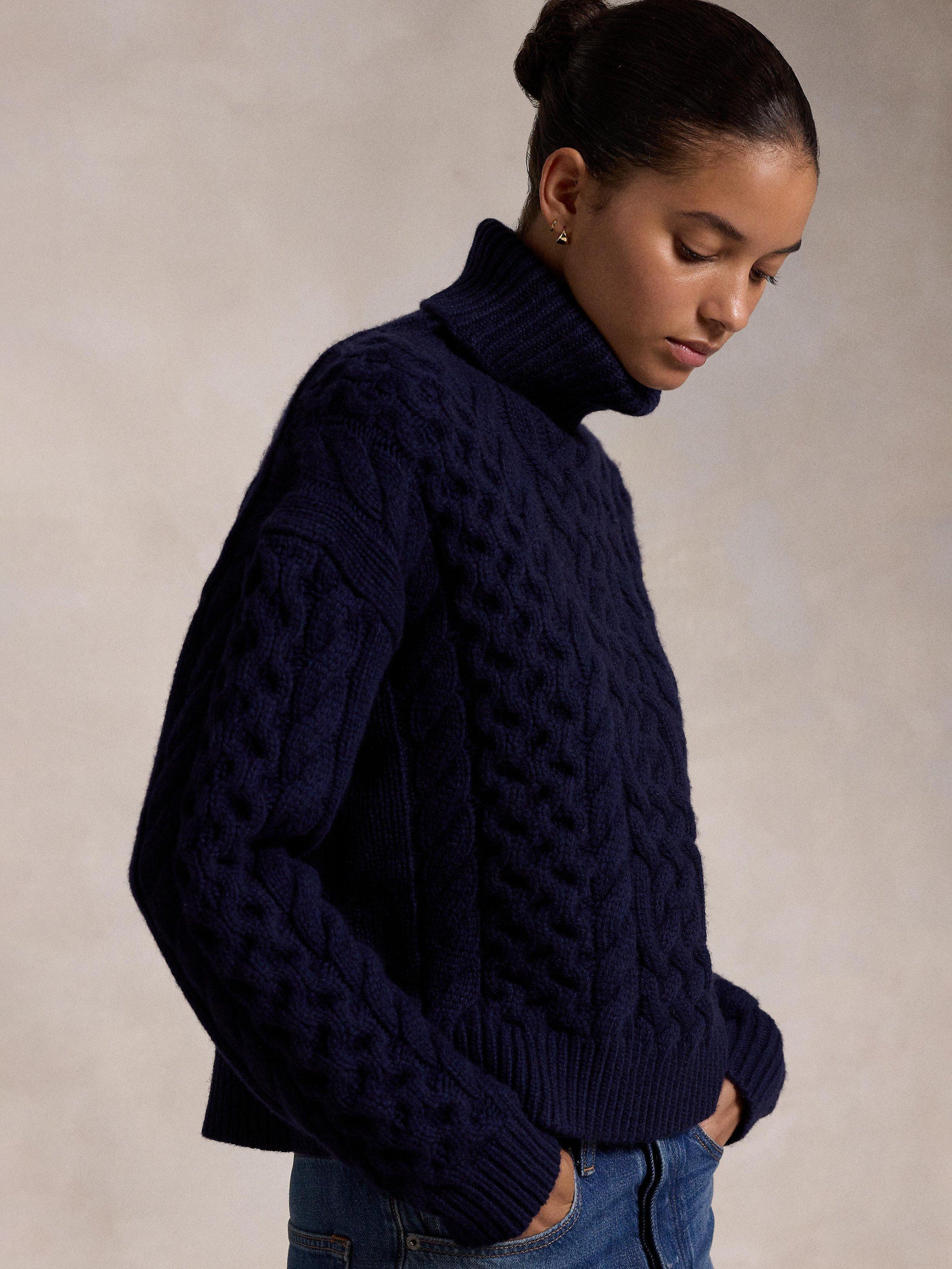 Product image 3 of 5, which shows Polo Ralph Lauren Aran Wool Cable Knit Jumper, Navy, XS