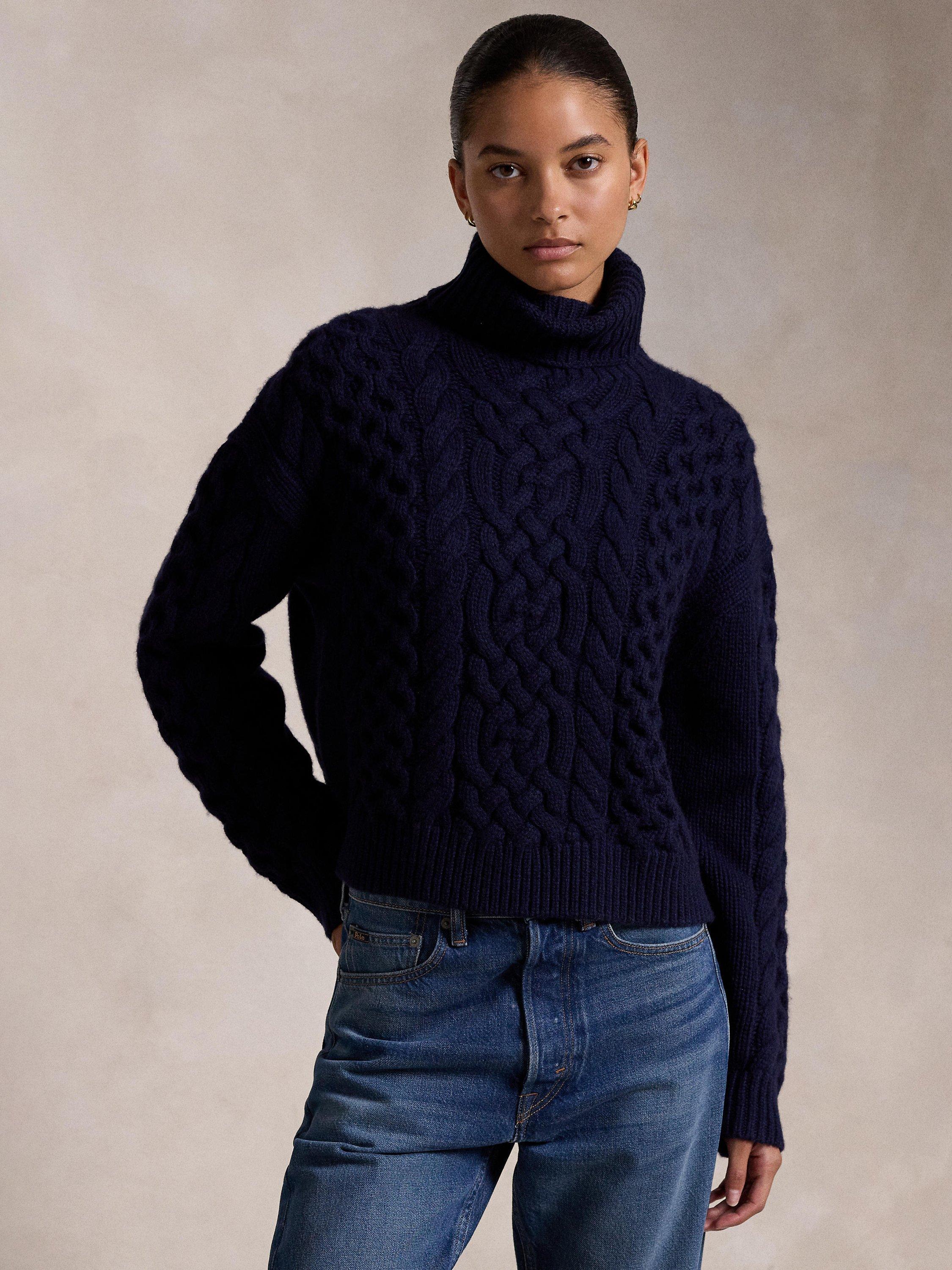 Product image 4 of 5, which shows Polo Ralph Lauren Aran Wool Cable Knit Jumper, Navy, XS