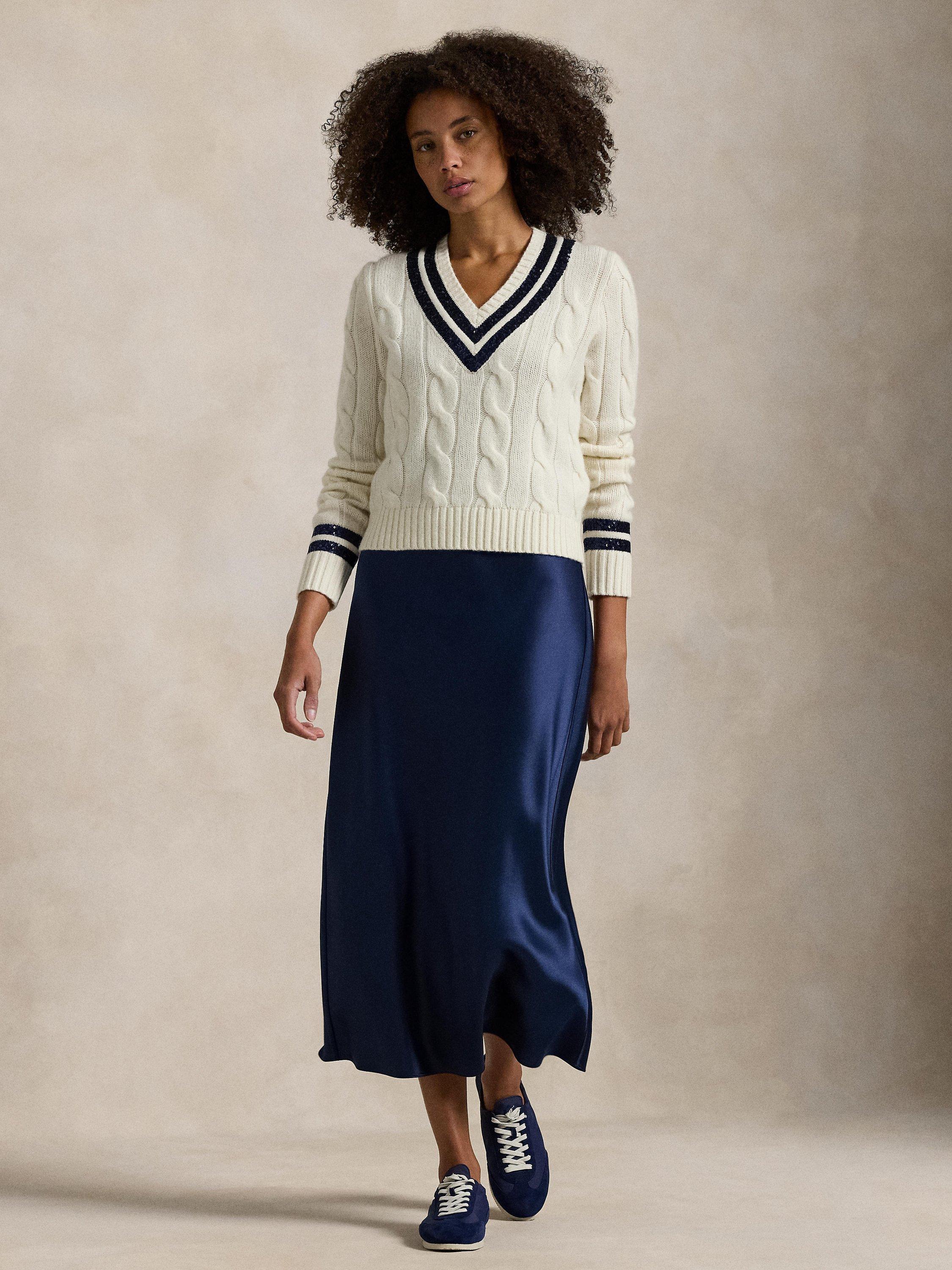Product image 1 of 6, which shows Polo Ralph Lauren Sequin Cricket Wool Rich Jumper, Cream/Navy, S