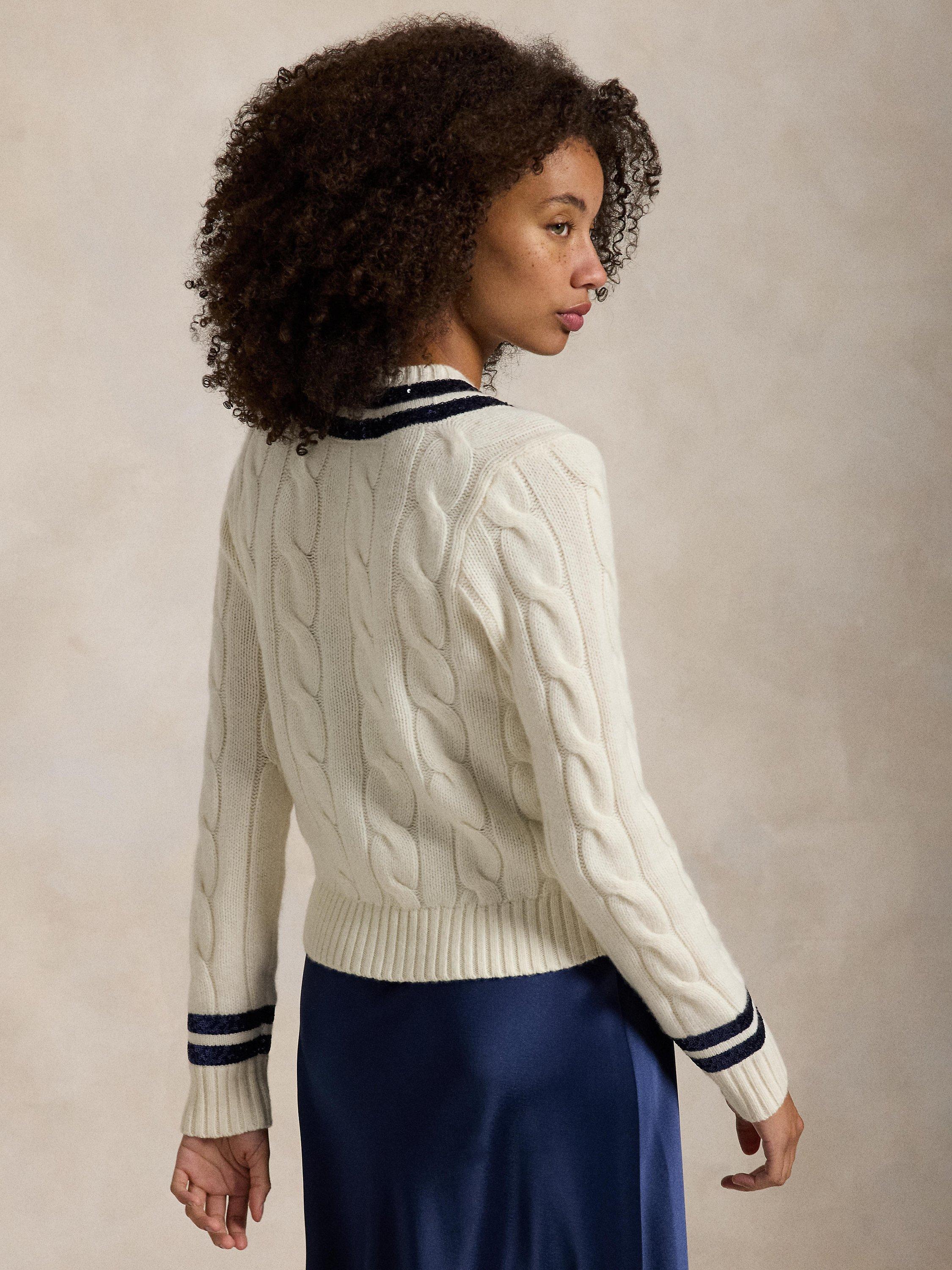 Product image 2 of 6, which shows Polo Ralph Lauren Sequin Cricket Wool Rich Jumper, Cream/Navy, S
