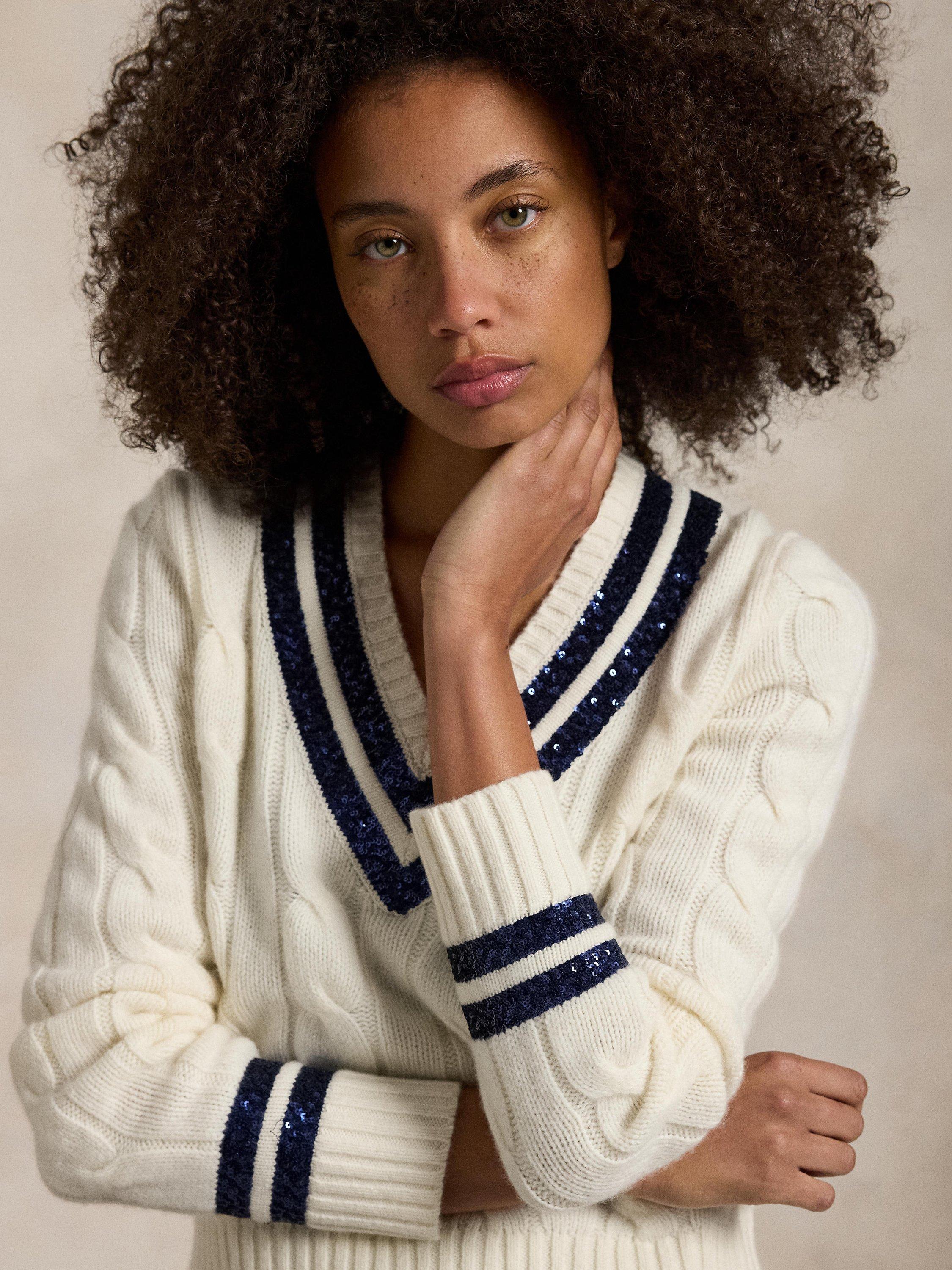 Product image 3 of 6, which shows Polo Ralph Lauren Sequin Cricket Wool Rich Jumper, Cream/Navy, S