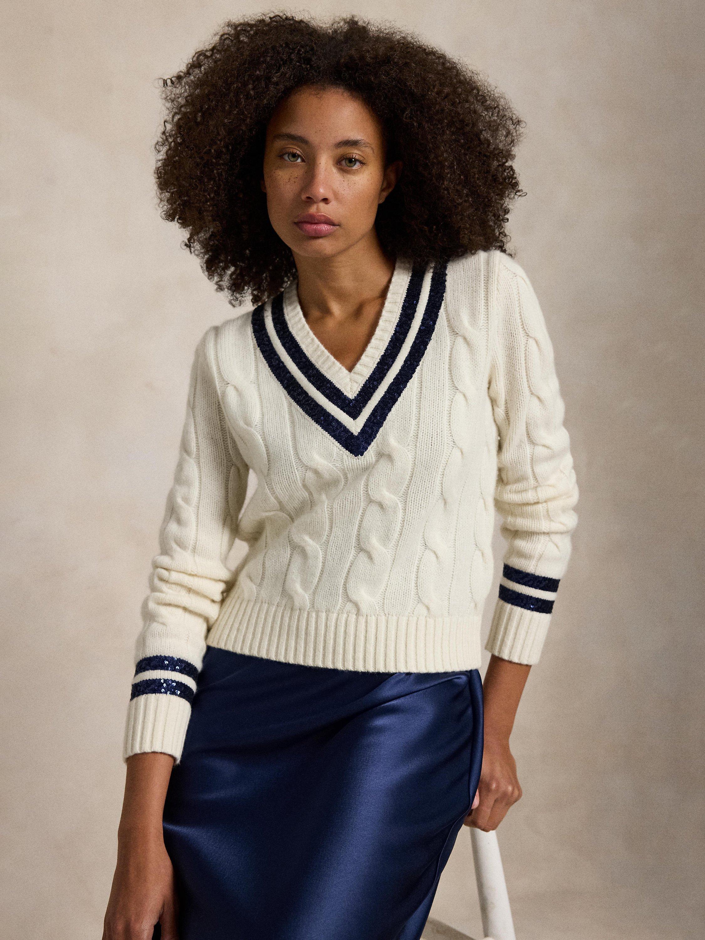 Product image 5 of 6, which shows Polo Ralph Lauren Sequin Cricket Wool Rich Jumper, Cream/Navy, S